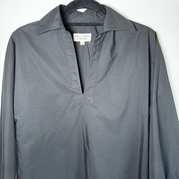 Nili Lotan Tunic Blouse Womens XS Black Long Sleeve Split Neck Minimalist - Picture 3 of 9